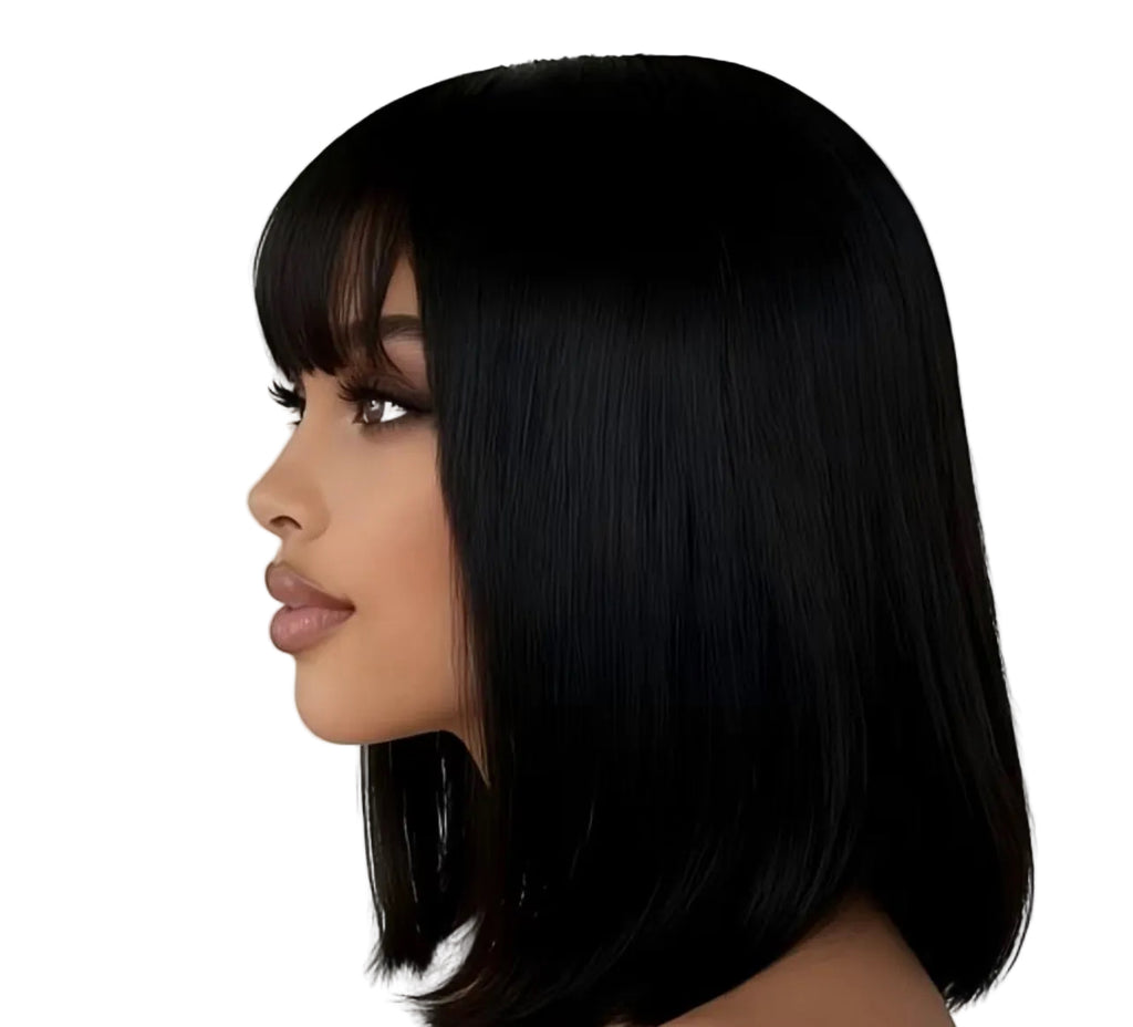 Brazilian Virgin Human Hair Short Bob Wig with Bangs - Natural Black Straight Hair, Non-Lace Front Rose Net Cap, 180% Density Full Machine-Made Wig for Daily Wear