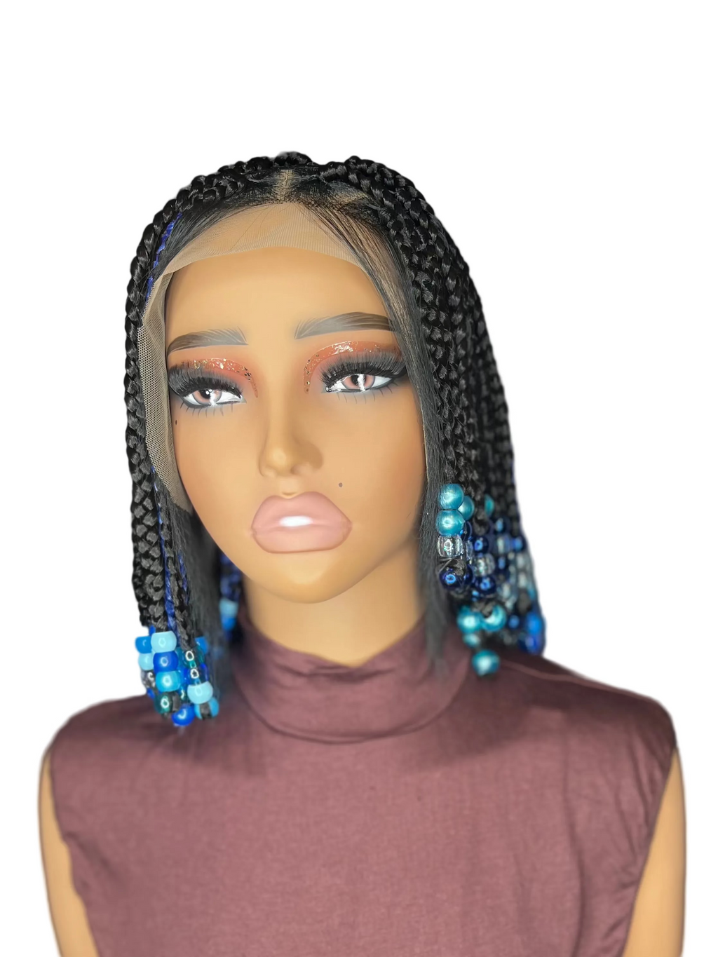 Blue Beaded Bob Braided Wig – Full Lace