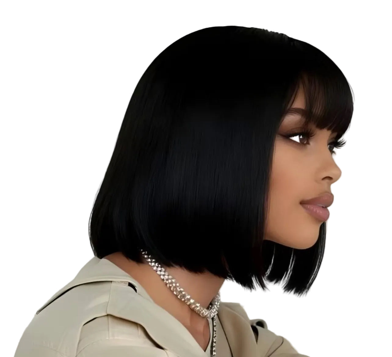 Brazilian Virgin Human Hair Short Bob Wig with Bangs - Natural Black Straight Hair, Non-Lace Front Rose Net Cap, 180% Density Full Machine-Made Wig for Daily Wear
