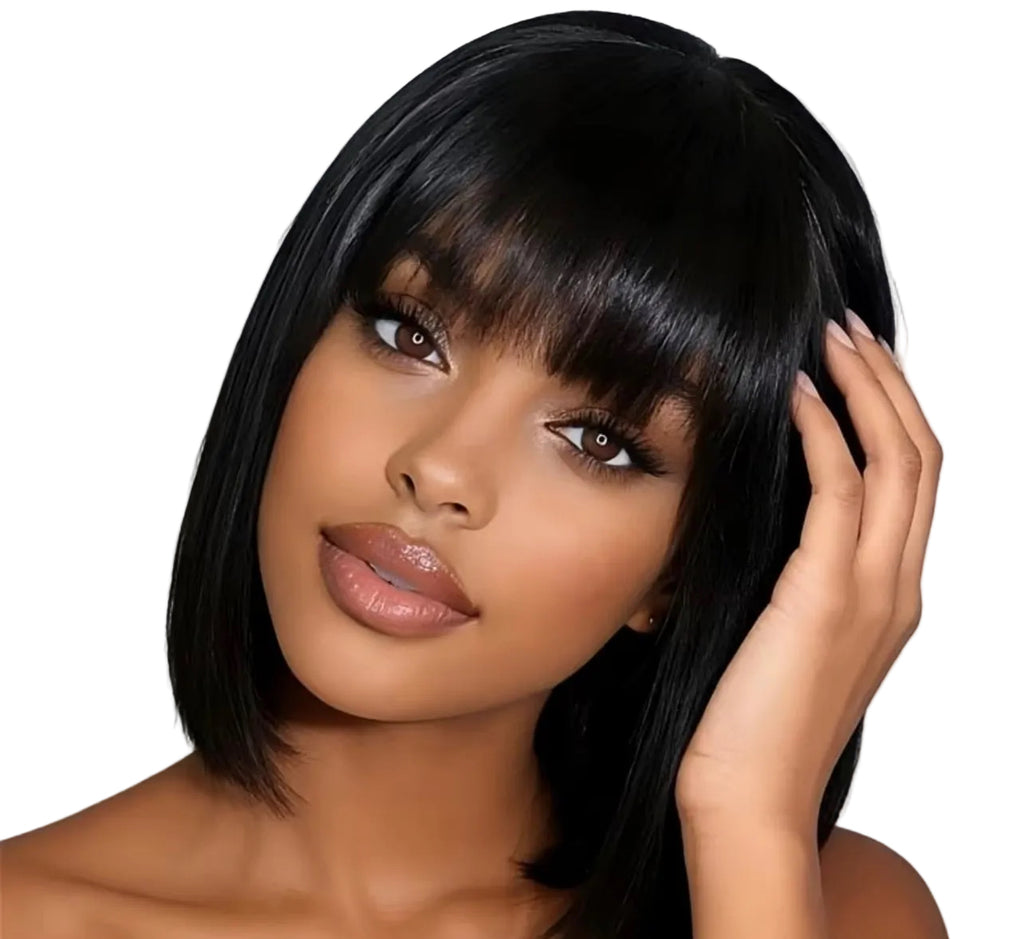Brazilian Virgin Human Hair Short Bob Wig with Bangs - Natural Black Straight Hair, Non-Lace Front Rose Net Cap, 180% Density Full Machine-Made Wig for Daily Wear