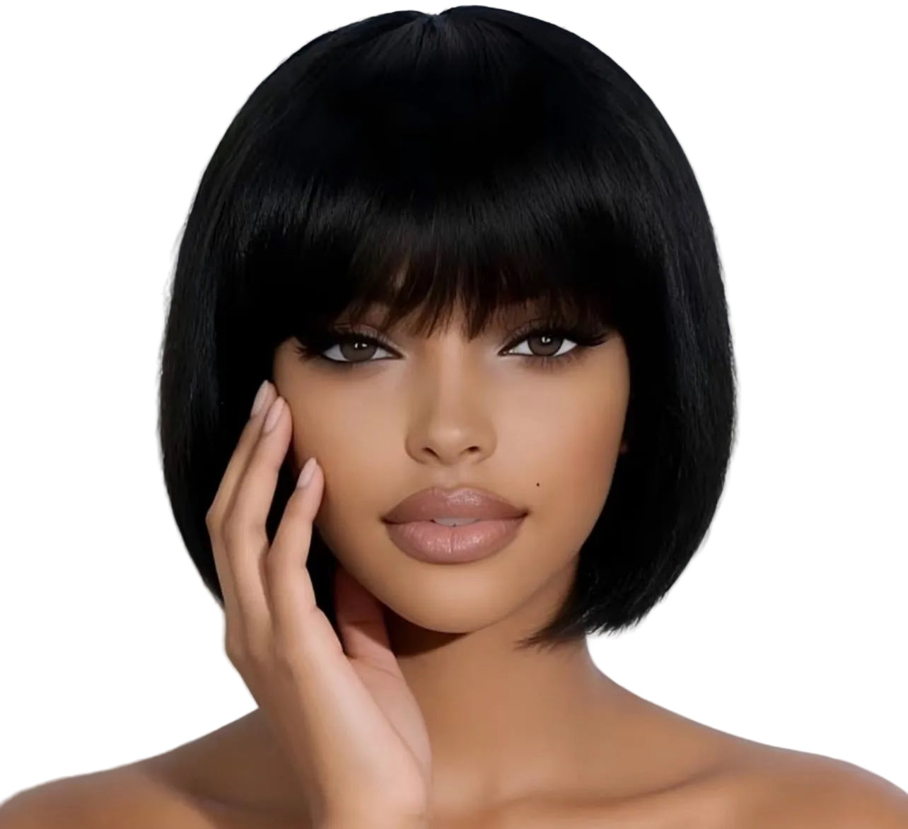 Brazilian Virgin Human Hair Short Bob Wig with Bangs - Natural Black Straight Hair, Non-Lace Front Rose Net Cap, 180% Density Full Machine-Made Wig for Daily Wear